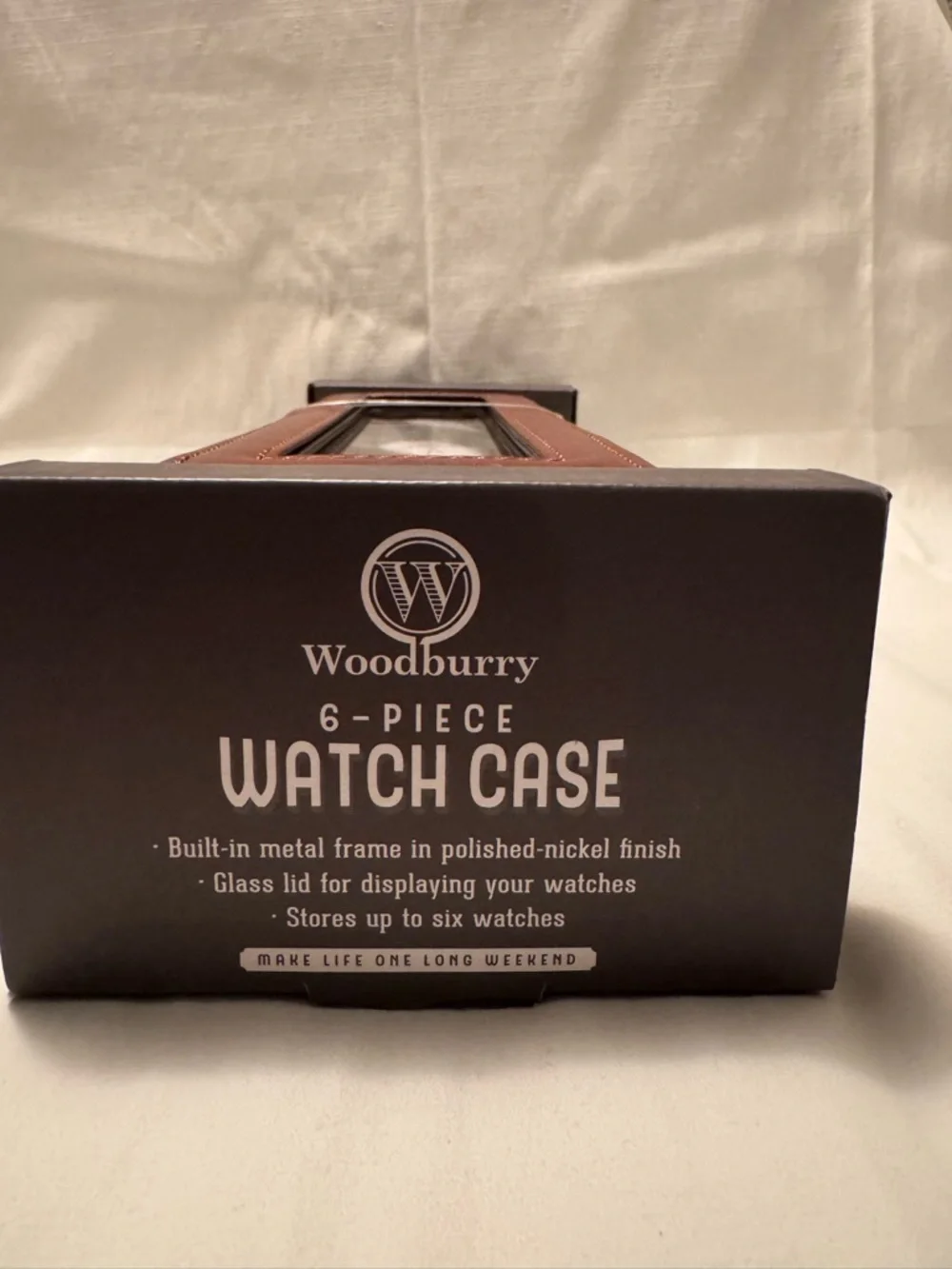Woodburry 6-Piece Watch Case Rich Brown Faux Leather with Glass Display Lid
